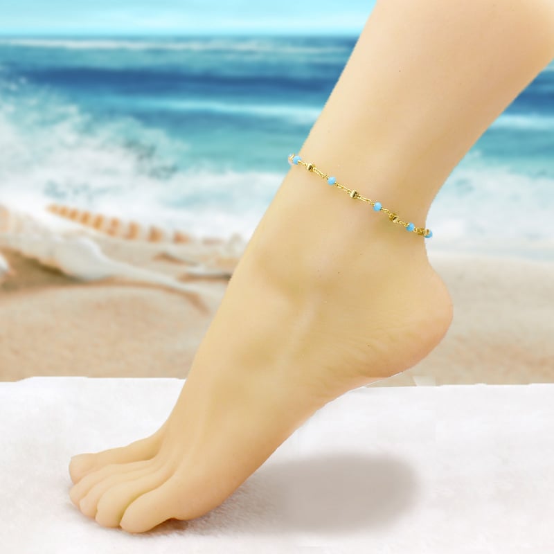 18K Gold Filled High Polish Finsh  High Finish Polish Turquoise Ball Ankle Bracelet Image 4