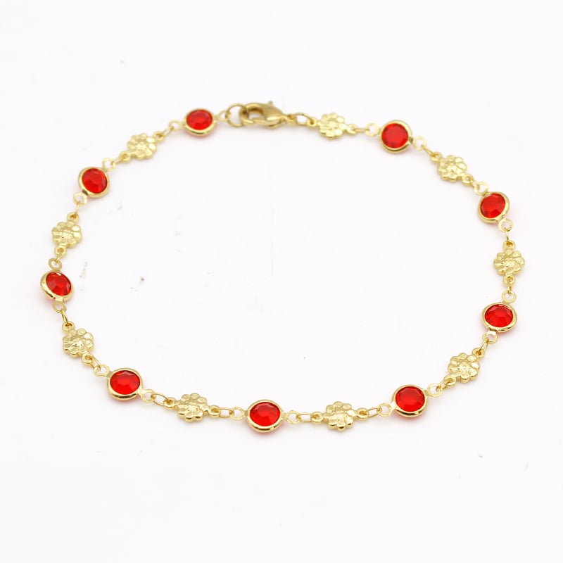 18K GOLD Filled High Polish Finsh RED CRYSTAL Flower ANKLE BRACELET Image 1