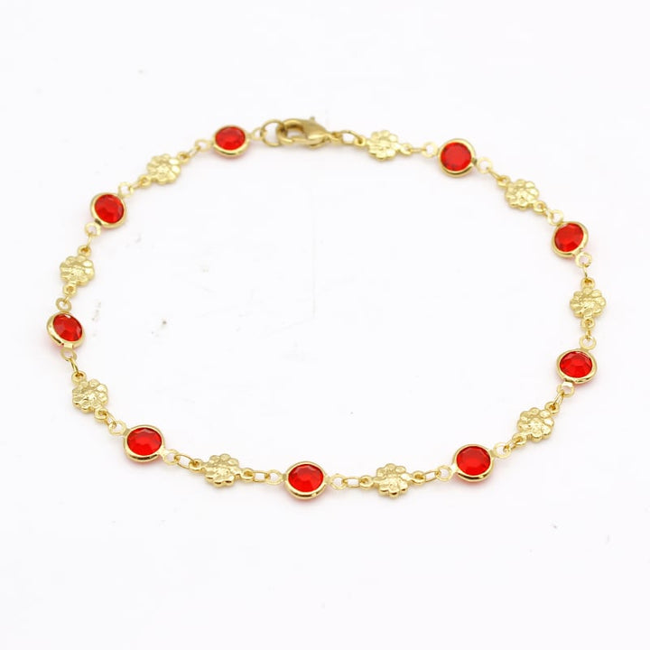 18K GOLD Filled High Polish Finsh RED CRYSTAL Flower ANKLE BRACELET Image 1