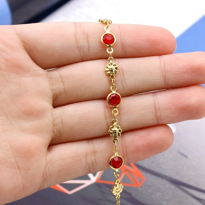 18K GOLD Filled High Polish Finsh RED CRYSTAL Flower ANKLE BRACELET Image 2