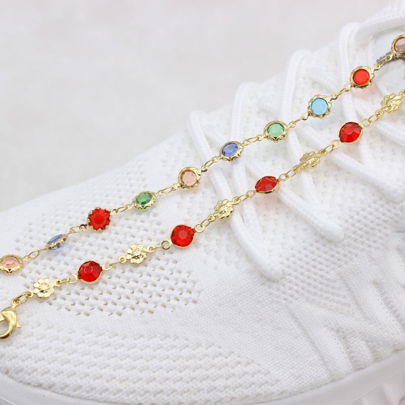 18K GOLD Filled High Polish Finsh RED CRYSTAL Flower ANKLE BRACELET Image 3