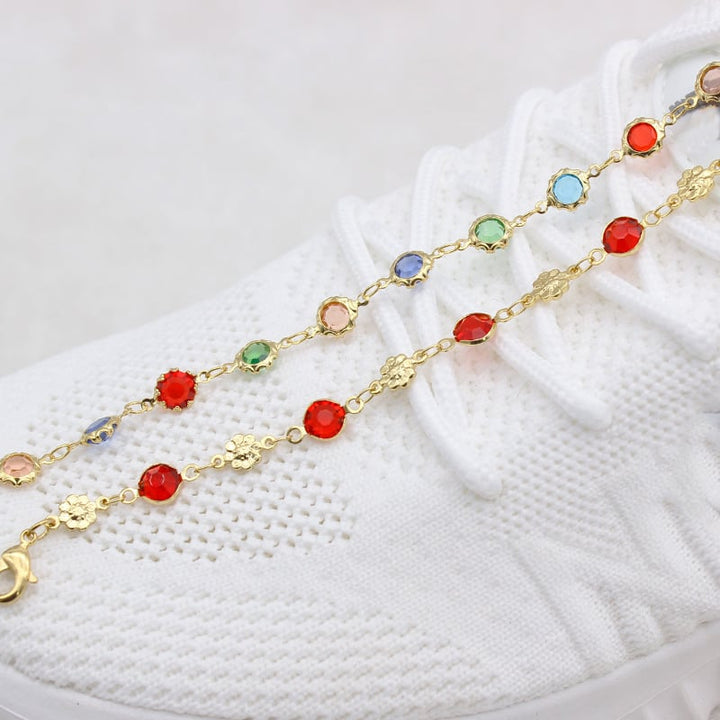 18K GOLD Filled High Polish Finsh RED CRYSTAL Flower ANKLE BRACELET Image 3