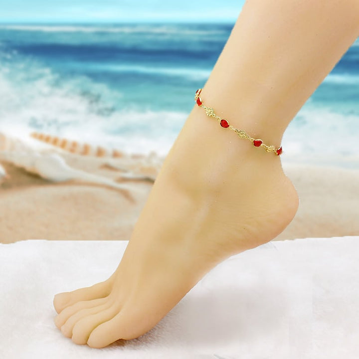 18K GOLD Filled High Polish Finsh RED CRYSTAL Flower ANKLE BRACELET Image 4