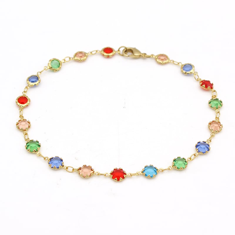 18K GOLD Filled High Polish Finsh LIGHT MULTI COLOR ROUND CRYSTAL ANKLE BRACELET Image 3