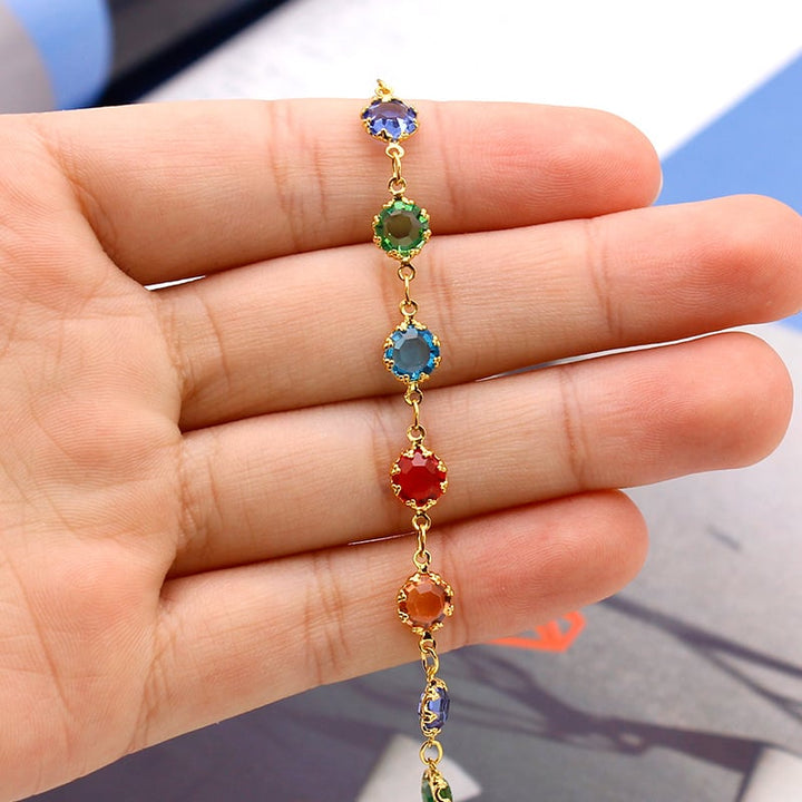 18K GOLD Filled High Polish Finsh LIGHT MULTI COLOR ROUND CRYSTAL ANKLE BRACELET Image 2