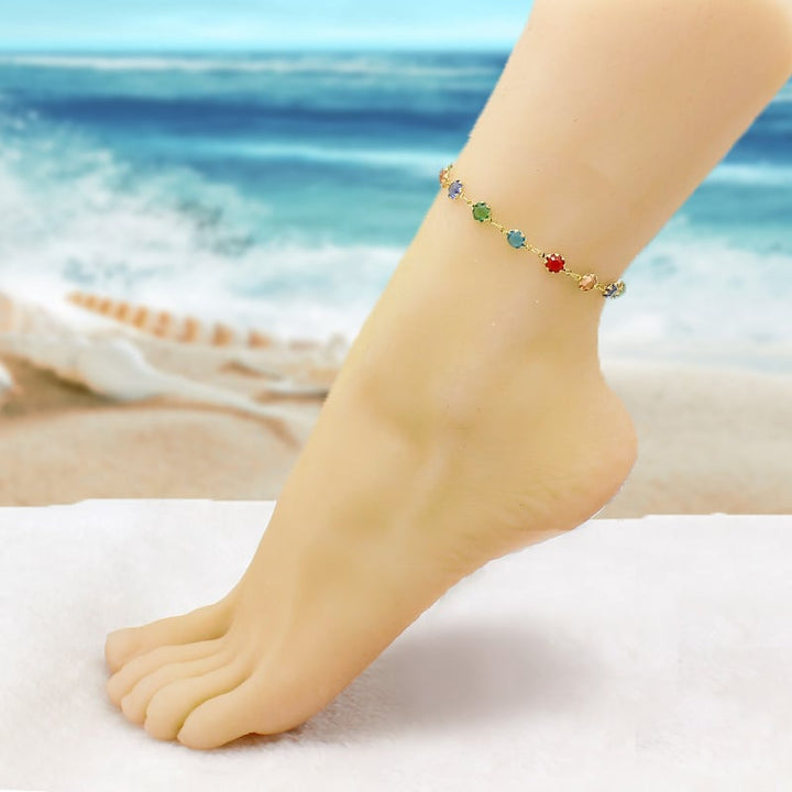 18K GOLD Filled High Polish Finsh LIGHT MULTI COLOR ROUND CRYSTAL ANKLE BRACELET Image 4