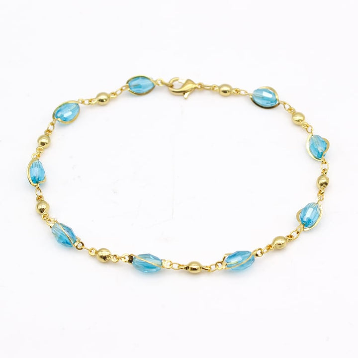 18K GOLD Filled High Polish Finsh AQUAMARINE OVAL CRYSTAL ANKLE BRACELET Image 1