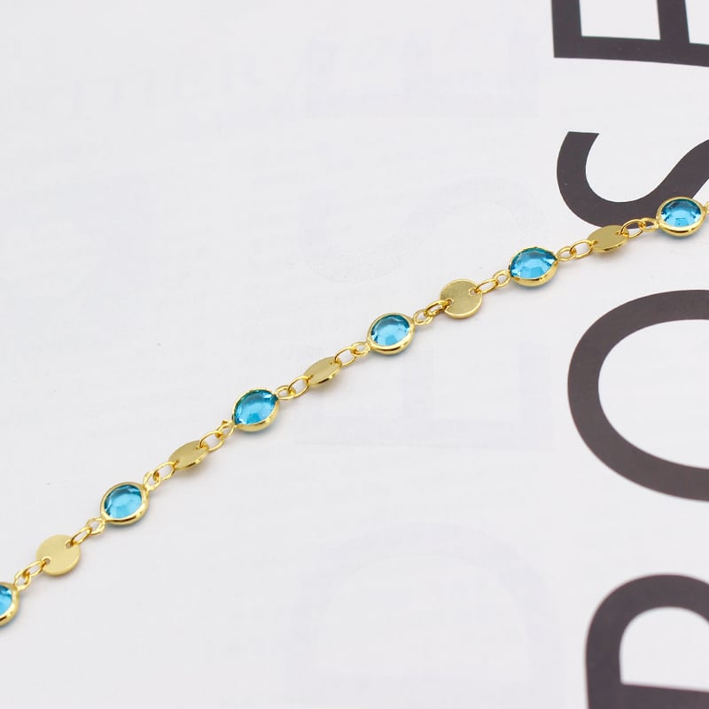 18K GOLD Filled High Polish Finsh AQUAMARINE OVAL CRYSTAL ANKLE BRACELET Image 3