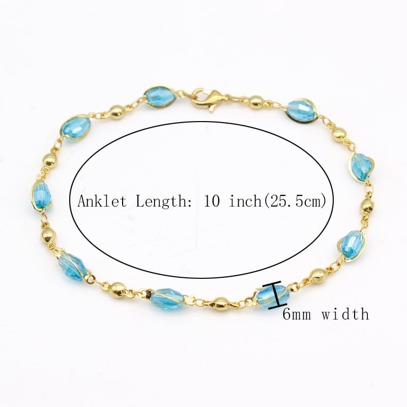 18K GOLD Filled High Polish Finsh AQUAMARINE OVAL CRYSTAL ANKLE BRACELET Image 4