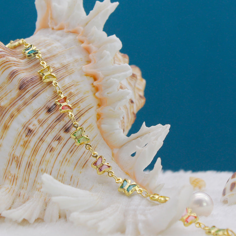 18K Gold Filled High Polish Finsh Multi Color Crystal Butterfly Ankle Bracelet Image 3