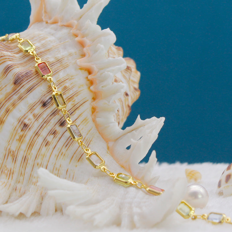 18K Gold Filled High Polish Finsh  Gold and Multi Color Light Color Crystal Baguette Anklet Image 4