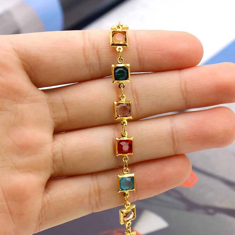 18K Gold Filled High Polish Finsh Gold and Multi Color Dark Square Crystal Anklet Image 2