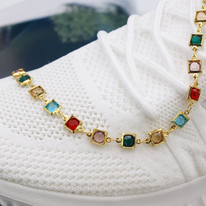 18K Gold Filled High Polish Finsh  Gold and Multi Color Dark Square Crystal  Anklet Image 4