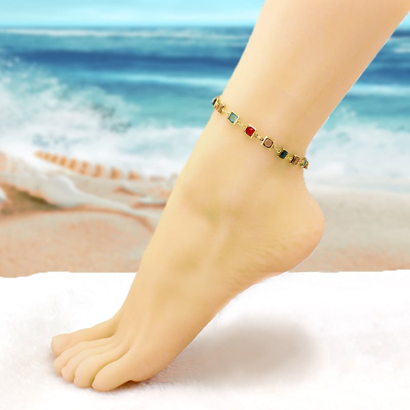 18K Gold Filled High Polish Finsh Gold and Multi Color Dark Square Crystal Anklet Image 6