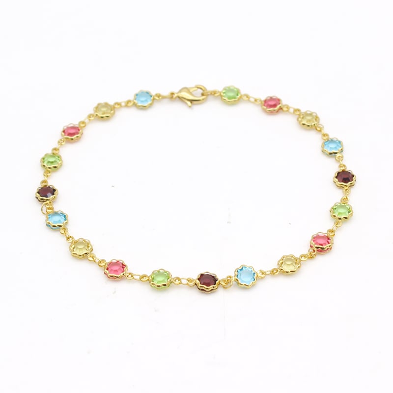 18K GOLD Filled High Polish Finsh MULTI COLOR FLOWER CRYSTAL ANKLE BRACELET Image 1