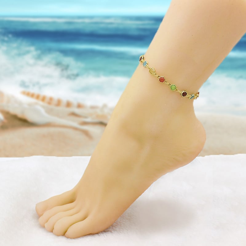 18K GOLD Filled High Polish Finsh MULTI COLOR FLOWER CRYSTAL ANKLE BRACELET Image 4