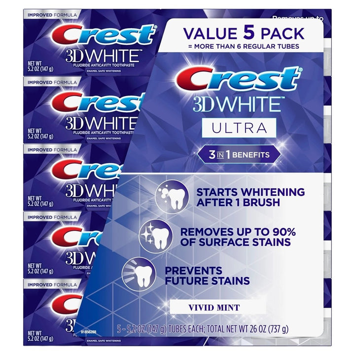 Crest 3D White Ultra Fluoride Anticavity Toothpaste Vivid Mint (5.2 Oz 5 Pack) Image 1