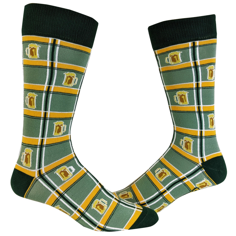 Plaid Beer Socks Funny Mug of Frothy Ale Pattern Drinking Novelty Footwear (Mens) Image 1