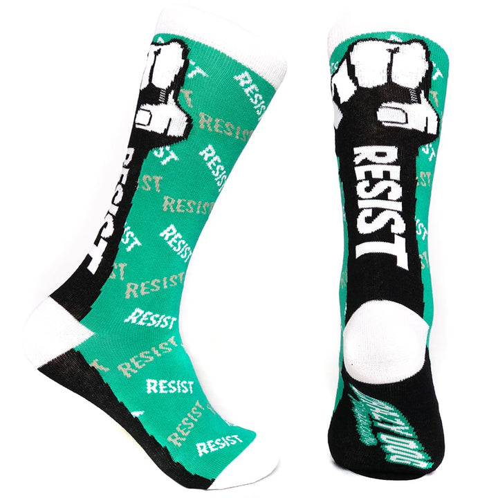 Resist Fist Socks USA Protest Rebel Political Impeach Anti Authority Graphic Novelty Footware (Green) - Mens (7-12) Image 1