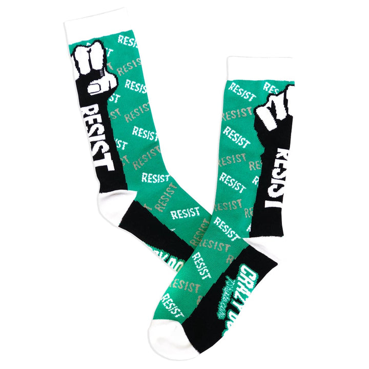 Resist Fist Socks USA Protest Rebel Political Impeach Anti Authority Graphic Novelty Footware (Green) - Mens (7-12) Image 2