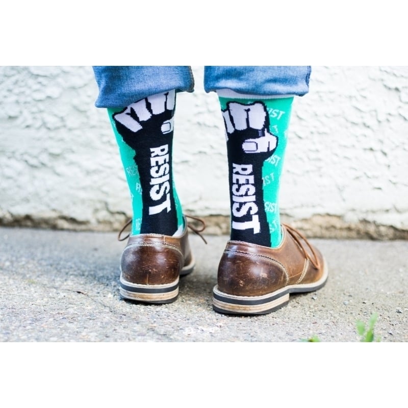 Resist Fist Socks USA Protest Rebel Political Impeach Anti Authority Graphic Novelty Footware (Green) - Mens (7-12) Image 4