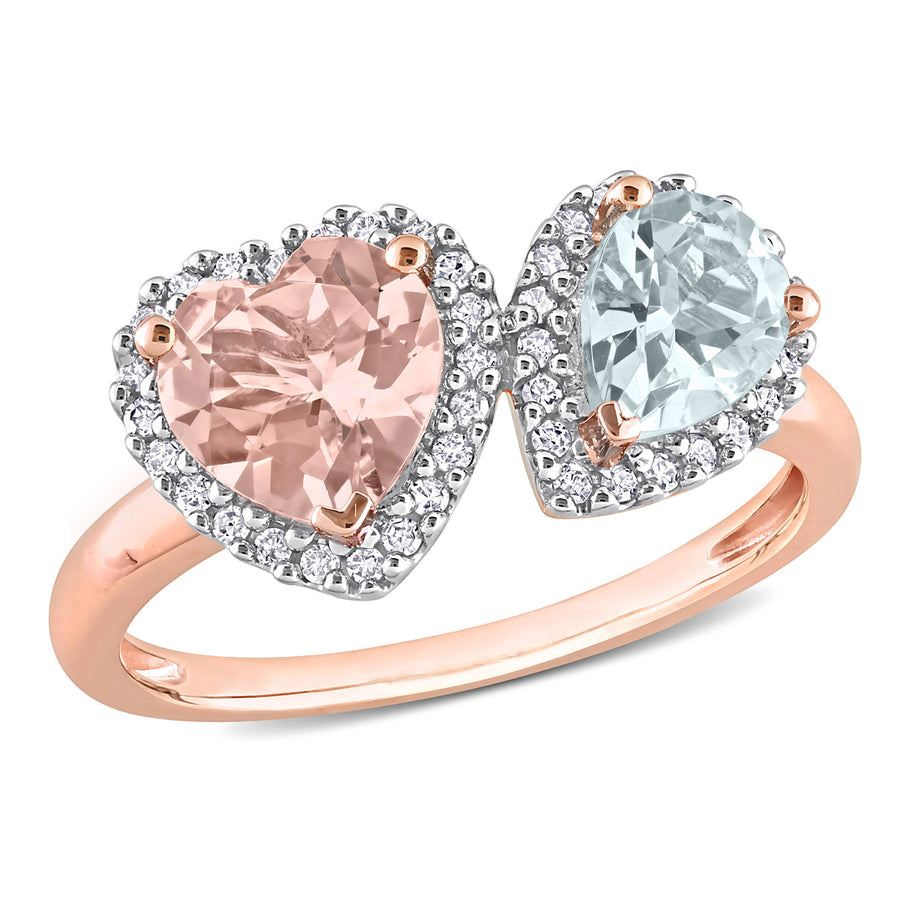 1.75 Carat (ctw) Morganite and Aquamarine Heart Ring in 10K Rose Gold with Diamonds Image 1