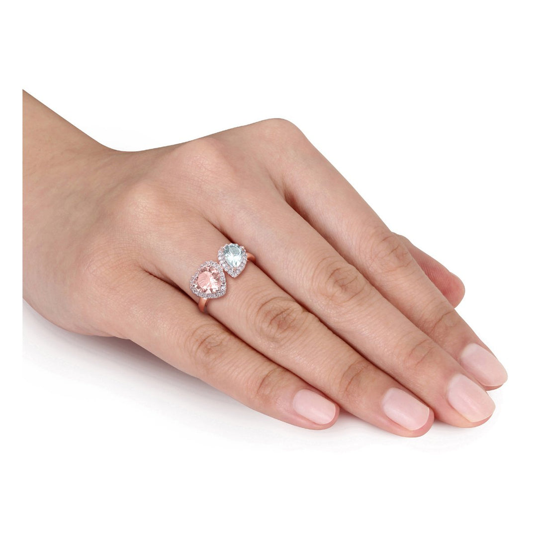 1.75 Carat (ctw) Morganite and Aquamarine Heart Ring in 10K Rose Gold with Diamonds Image 4