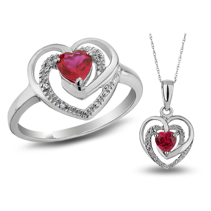 3/4 (ctw) Lab-Created Ruby Heart Ring and Pendant Set in Sterling Silver Image 1