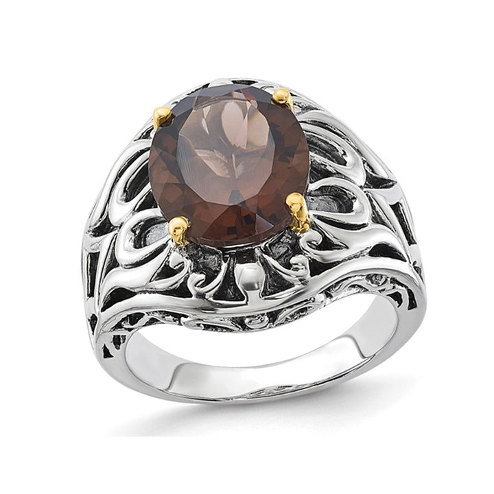 4.40 Carat (ctw) Smoky Quartz Ring in Sterling Silver with 14K Gold Accent Image 1