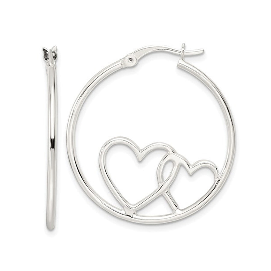 Sterling Silver Heart Hoop Earrings 1 1/4 Inch (1.5 mm) Image 1