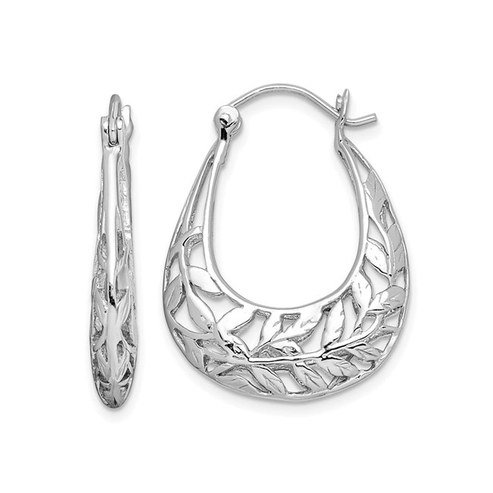 Sterling Silver Polished Leaves Hinged Hoop Earrings Image 1