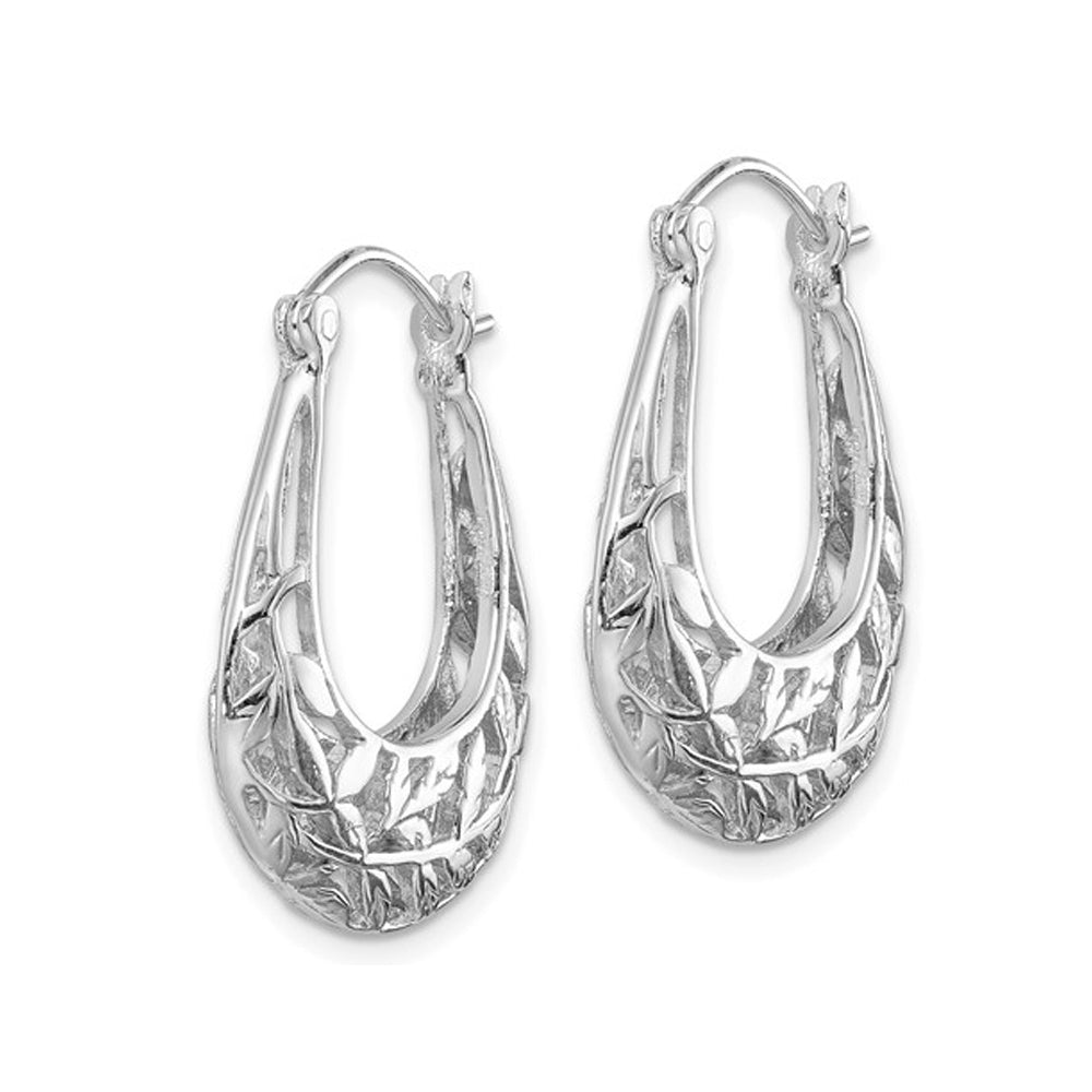 Sterling Silver Polished Leaves Hinged Hoop Earrings Image 2