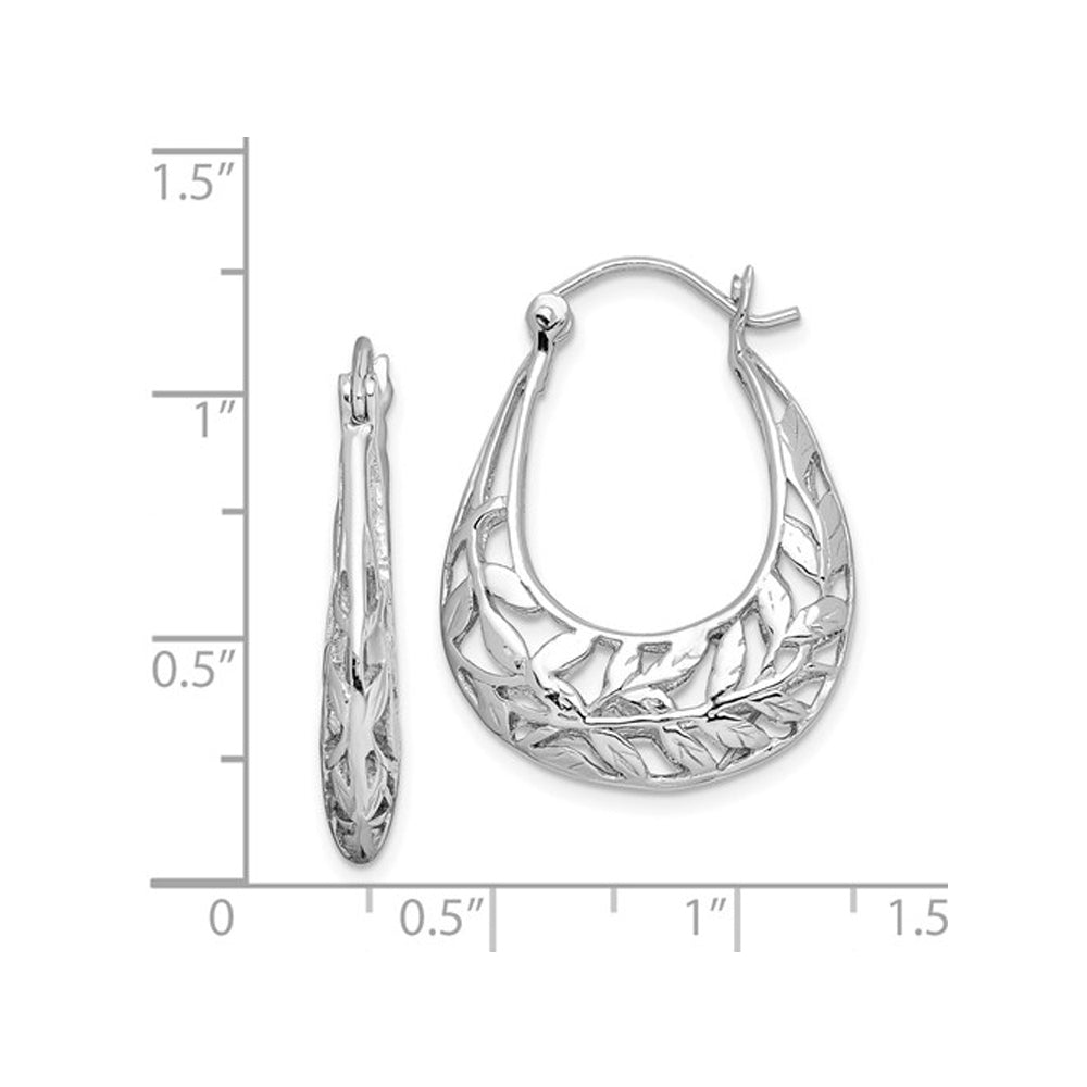 Sterling Silver Polished Leaves Hinged Hoop Earrings Image 4