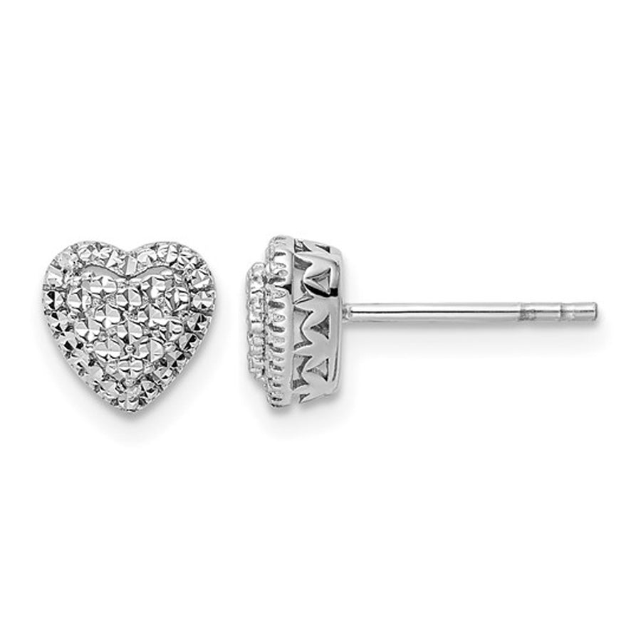 14K White Gold Diamond-Cut Button Heart Earrings Image 1