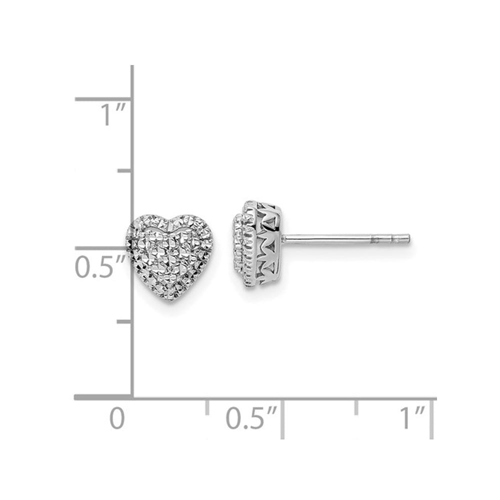 14K White Gold Diamond-Cut Button Heart Earrings Image 2