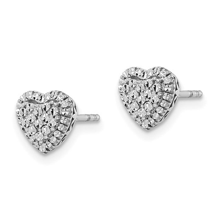 14K White Gold Diamond-Cut Button Heart Earrings Image 4