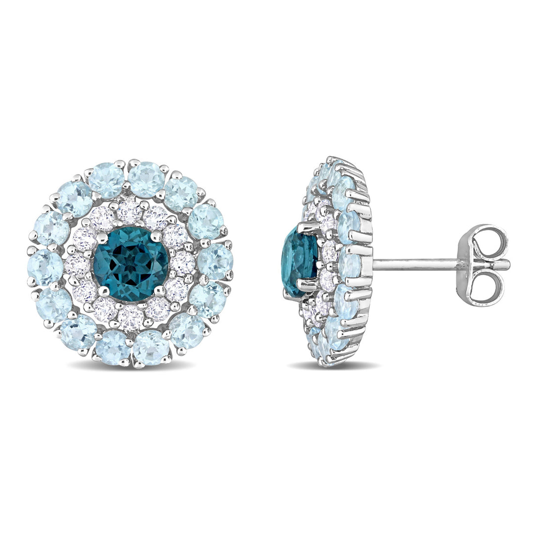 4.30 Carat (ctw) London Blue Topaz and White Topaz Halo Earrings in Sterling Silver Image 1