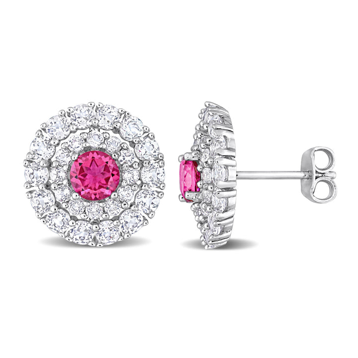 4.33 Carat (ctw) Pink Topaz and White Topaz Halo Earrings in Sterling Silver Image 1