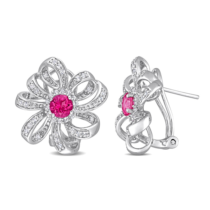 2.00 Carat (ctw) Pink Topaz and White Topaz Flower Omega-Clip Earrings in Sterling Silver Image 1