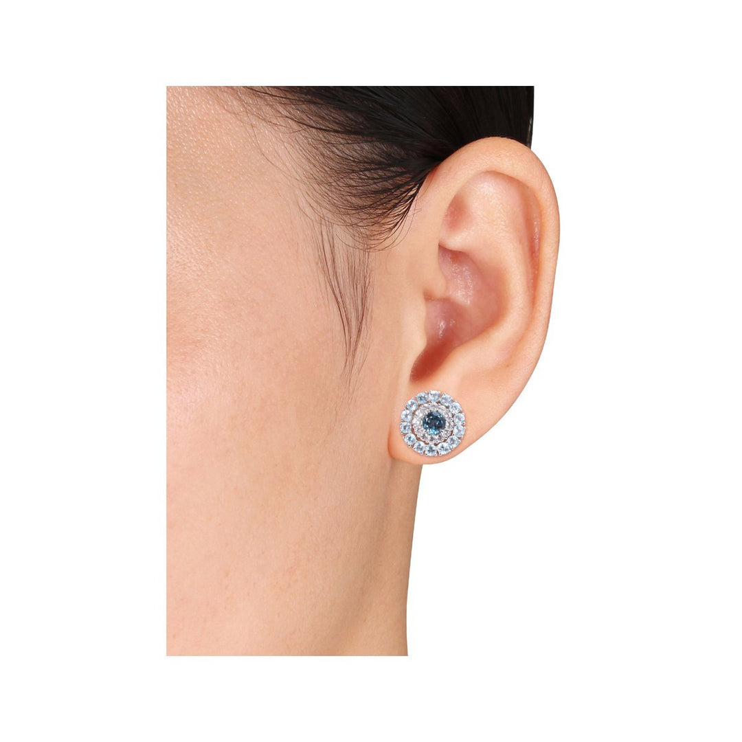 4.30 Carat (ctw) London Blue Topaz and White Topaz Halo Earrings in Sterling Silver Image 4