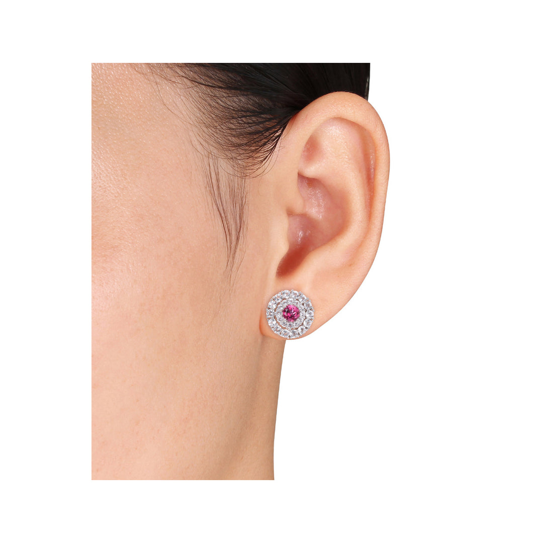 4.33 Carat (ctw) Pink Topaz and White Topaz Halo Earrings in Sterling Silver Image 4