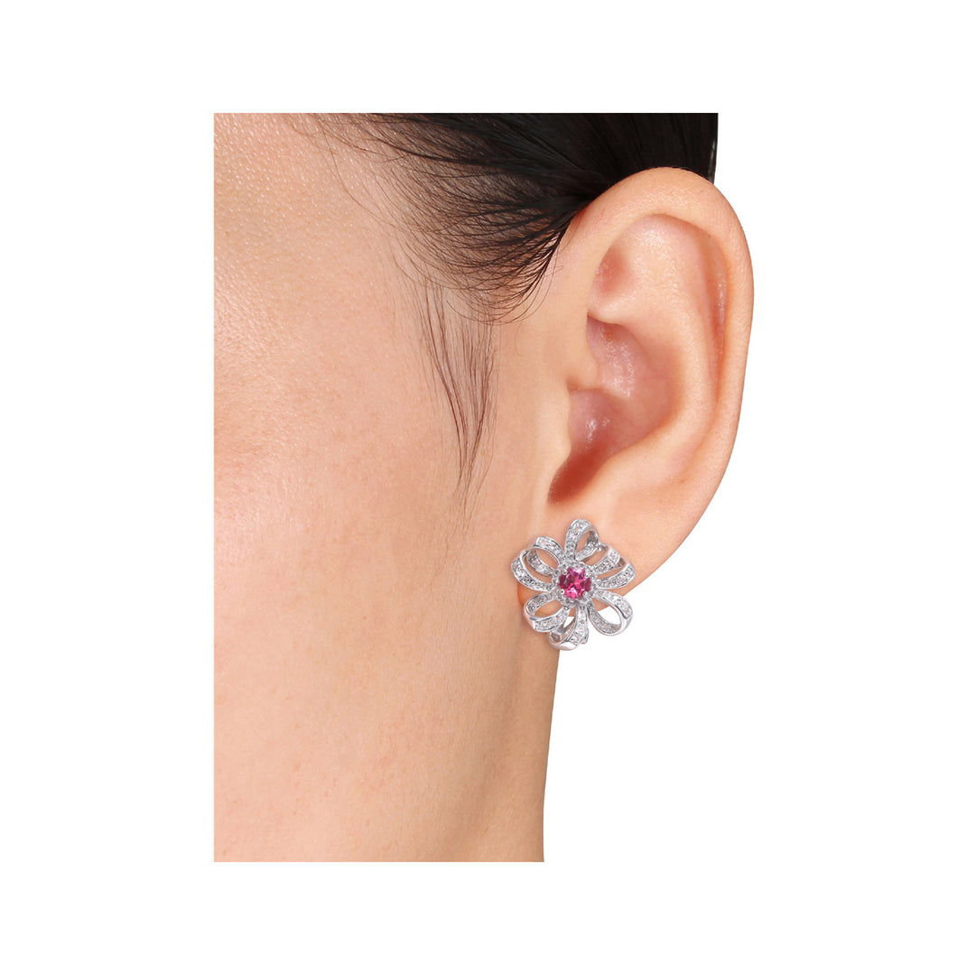 2.00 Carat (ctw) Pink Topaz and White Topaz Flower Omega-Clip Earrings in Sterling Silver Image 4