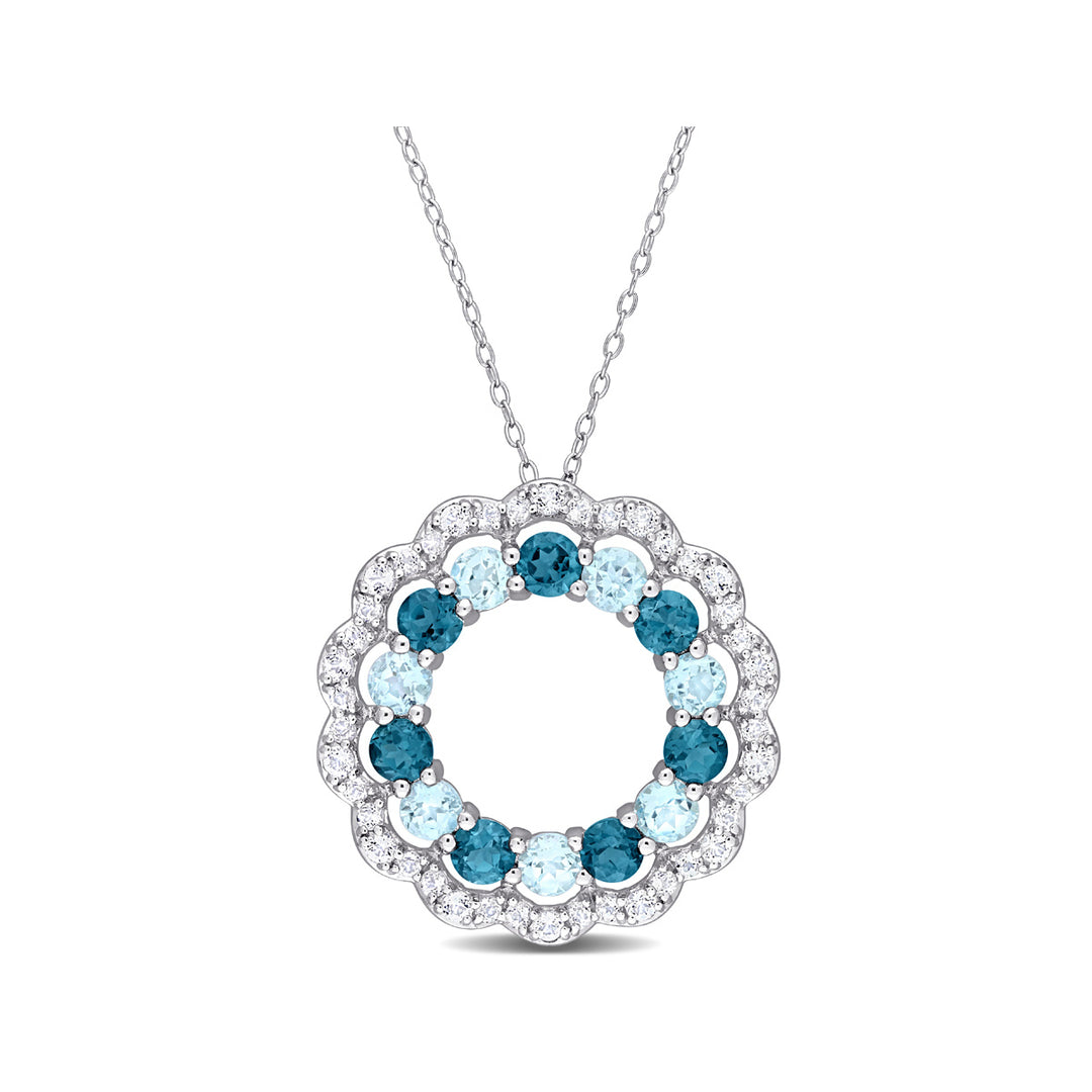 6.00 Carat (ctw) London Sky Blue Topaz and White Topaz Circle Pendant Necklace in Sterling Silver with Chain Image 1