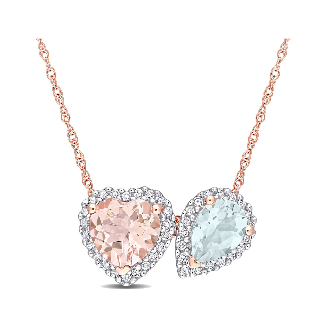 1.75 Carat (ctw) Morganite and Aquamarine Heart Pear Pendant Necklace in 10K Rose Pink Gold with Chain Image 1