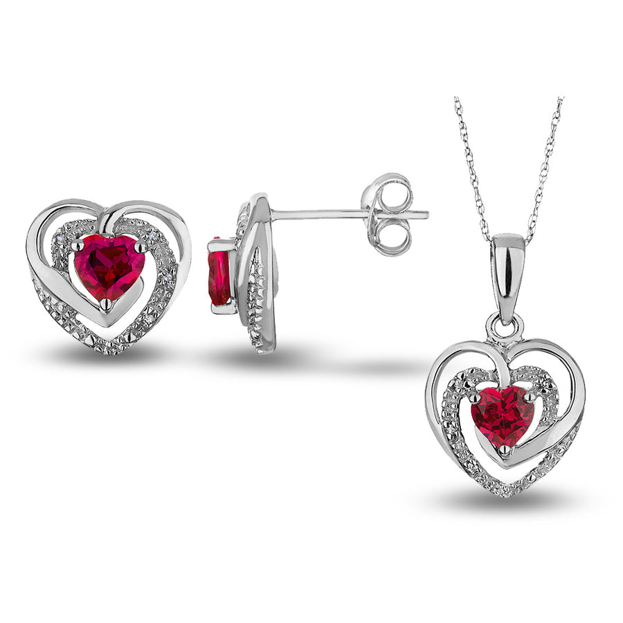 7/8 Carat (ctw) Lab-Created Ruby Heart Earrings and Pendant Set in Sterling Silver Image 1