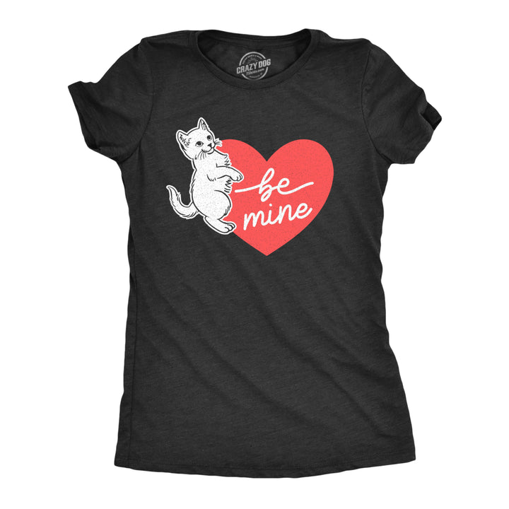 Womens Be Mine Cat T Shirt Cute Valentines Day Kitten Heart Graphic Novelty Tee Image 1