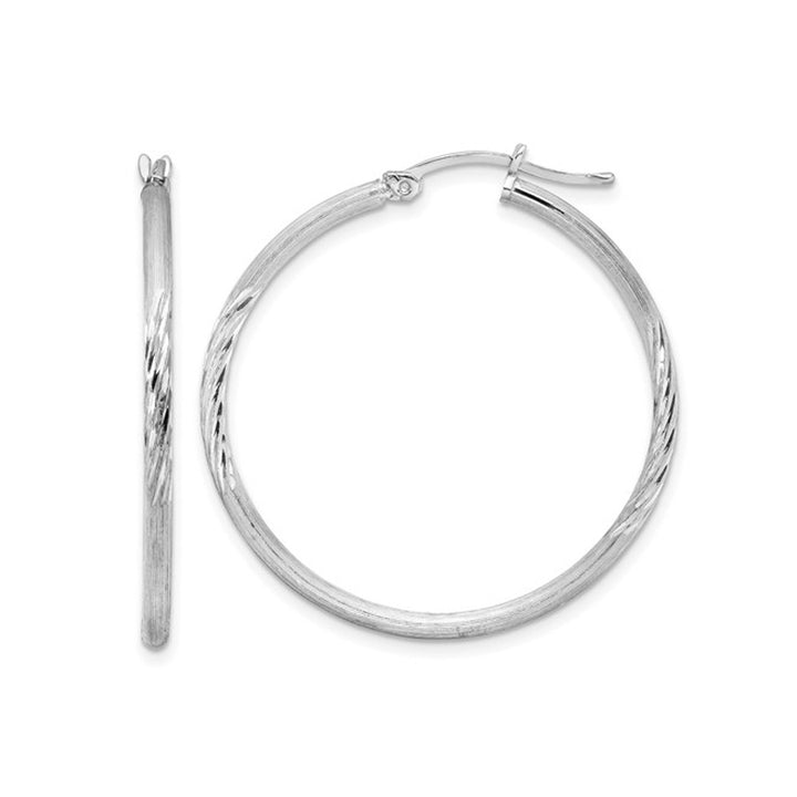 Medium Satin and Diamond Cut Hoop Earrings in Sterling Silver 1 1/2 Inch (2.0mm) Image 1