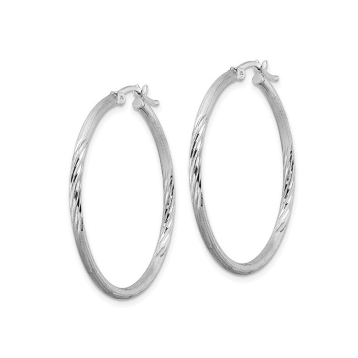 Medium Satin and Diamond Cut Hoop Earrings in Sterling Silver 1 1/2 Inch (2.0mm) Image 4