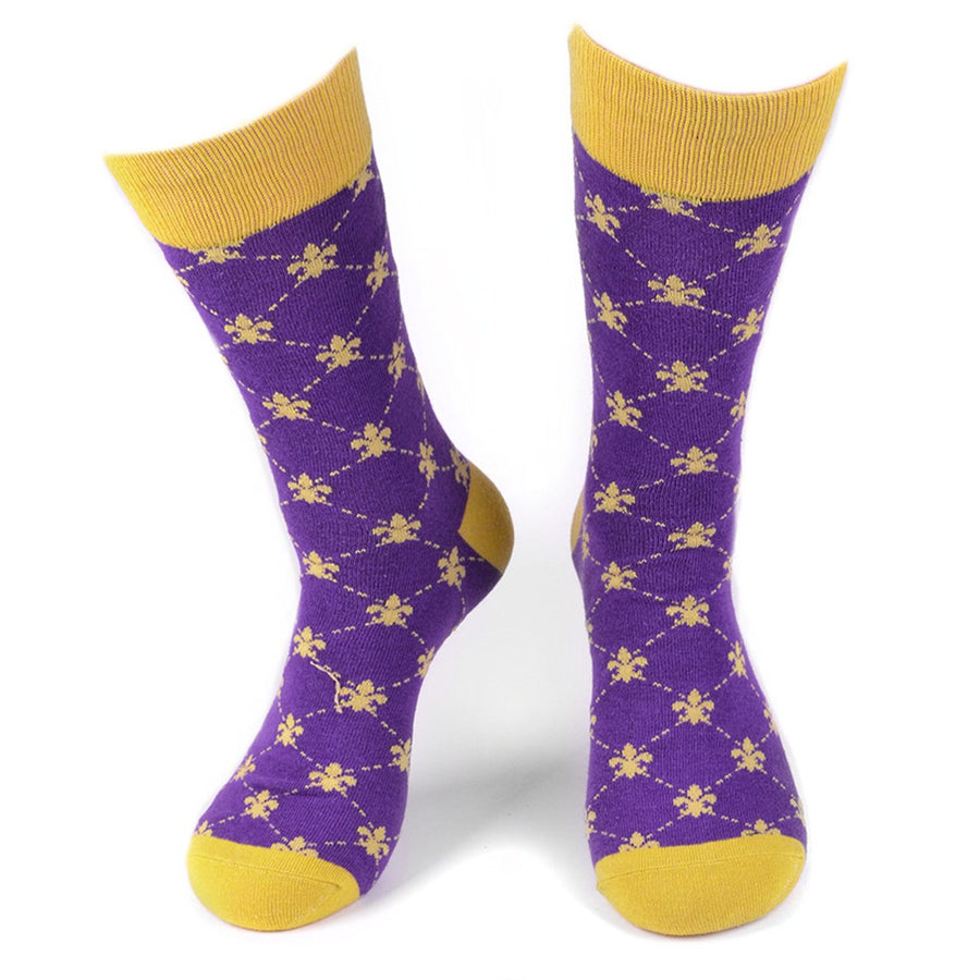 Mens Cotton Fleur-de-lis Novelty Socks Purple and Yellow Mardi Gras Party Socks Image 1