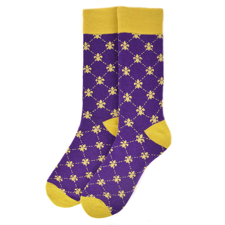 Mens Cotton Fleur-de-lis Novelty Socks Purple and Yellow Mardi Gras Party Socks Image 2